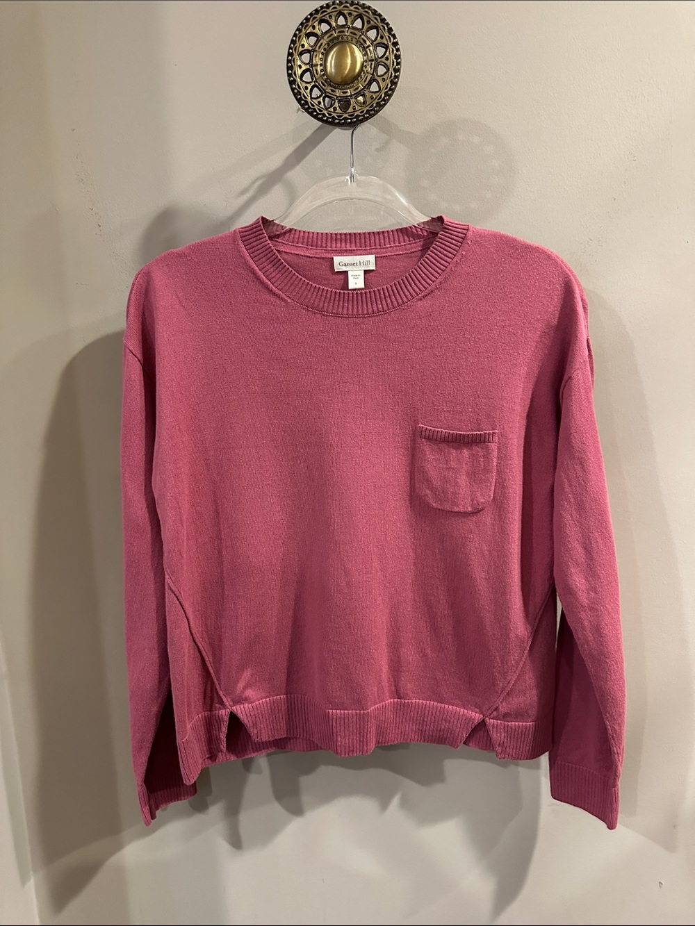 Garnet Hill Rose-Pink Crewneck Sweater with Chest Pocket Sz S
